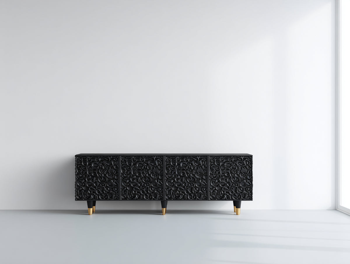 Meuble d'entrée - Bois-Métal - 160 x 38 x 72 cm - Noir-Doré - Style contemporain sculptural