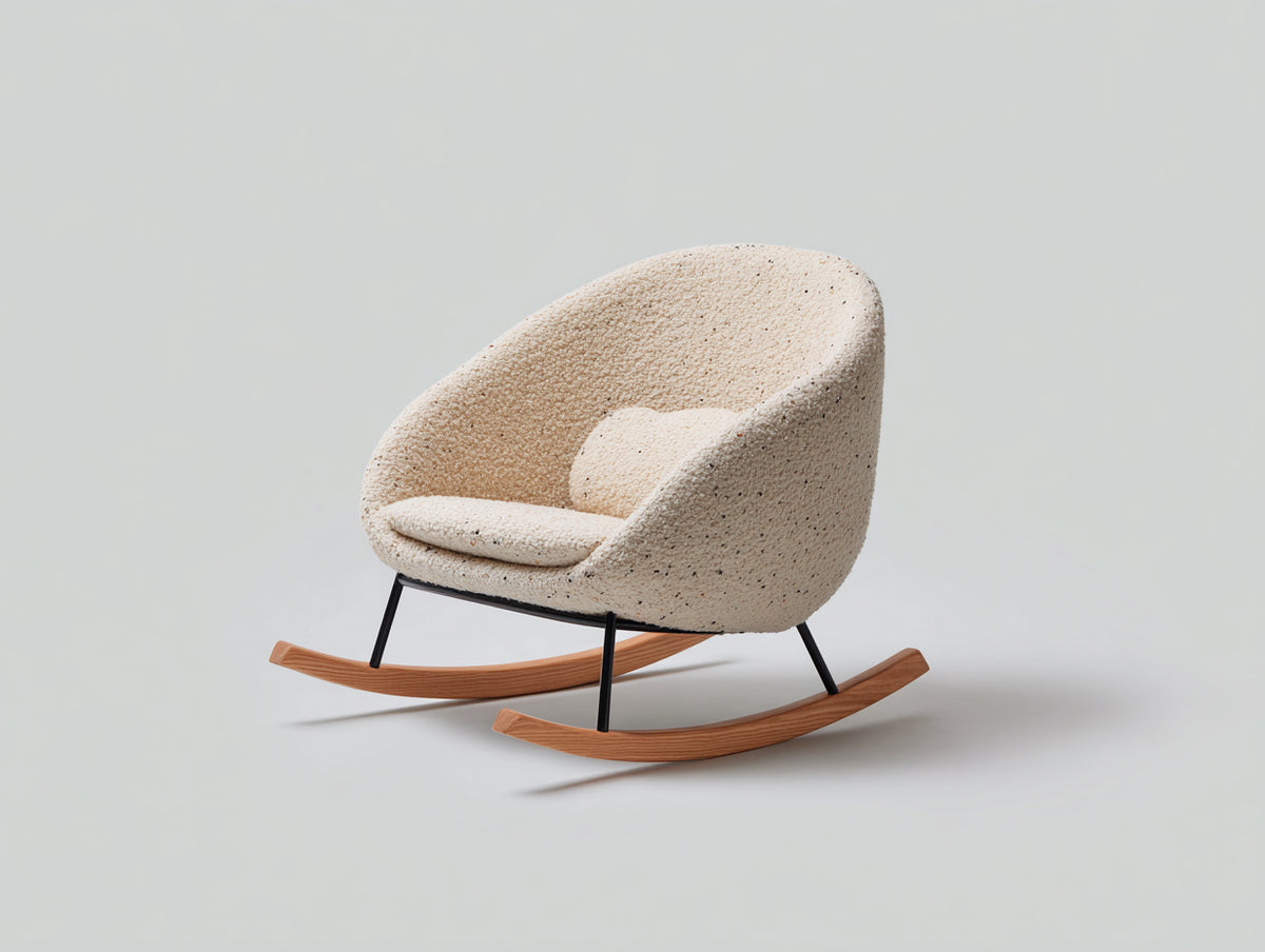 Fauteuil à bascule - tissu bouclé-métal-bois - 97 x 80 x 84 cm - beige moucheté-bois naturel-noir - style contemporain