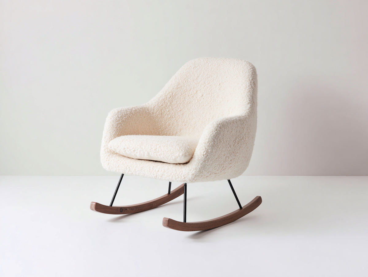 Fauteuil à bascule - tissu bouclé-métal-bois - 90 x 72 x 94 cm - blanc cassé-bois brun-noir - style scandinave