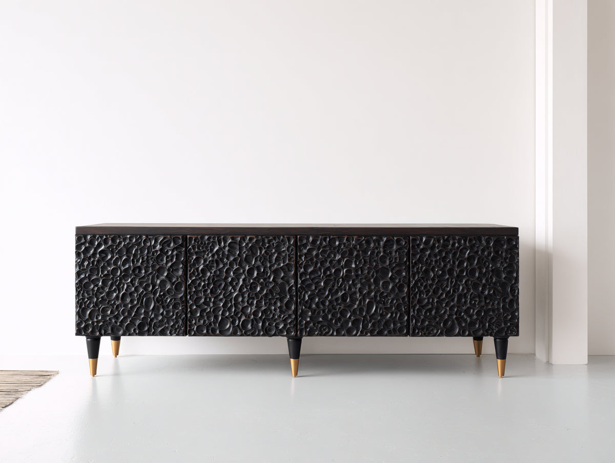Meuble d'entrée - Bois-Métal - 180 x 40 x 76 cm - Noir-Doré - Style contemporain sculptural