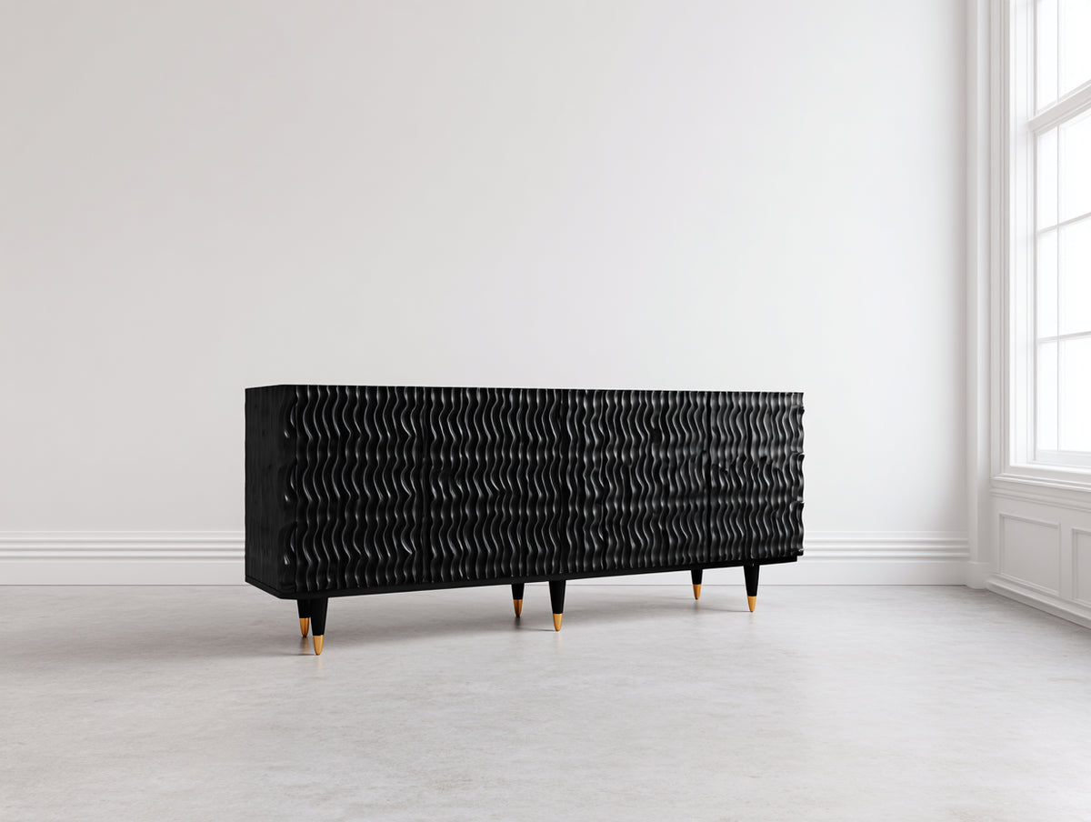 Meuble d'entrée - Bois-Métal - 180 x 42 x 78 cm - Noir-Doré - Style contemporain ondulé