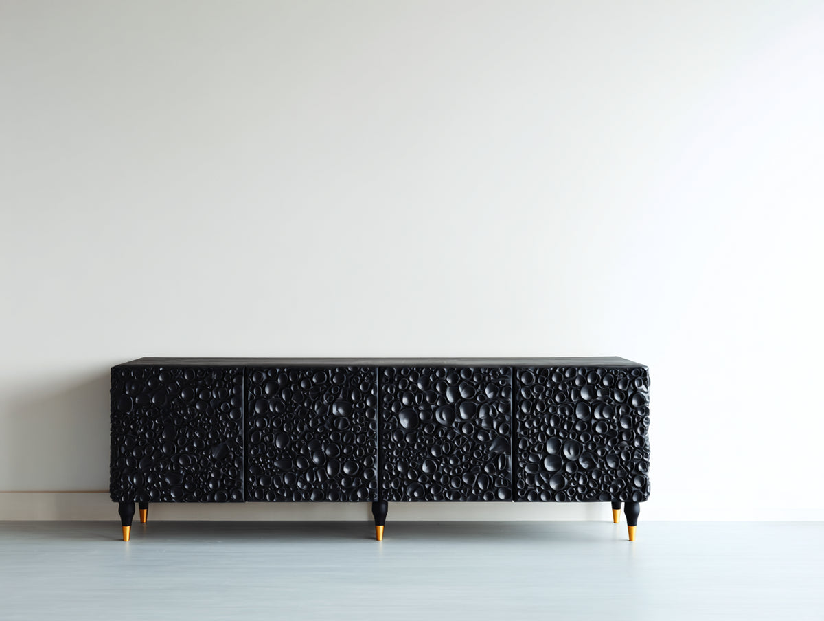 Meuble d'entrée - Bois-Métal - 175 x 40 x 76 cm - Noir-Doré - Style contemporain sculptural