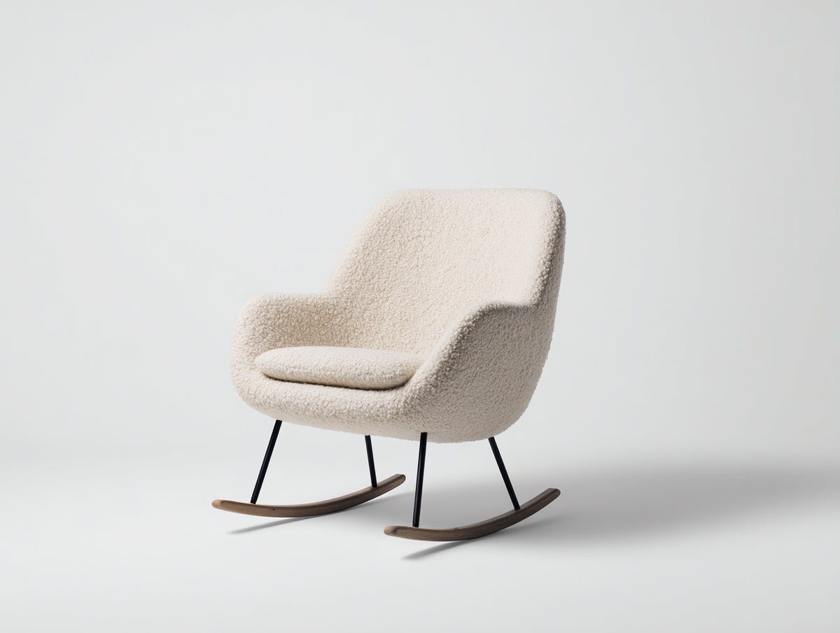 Fauteuil à bascule - tissu bouclé-métal-bois - 89 x 71 x 93 cm - blanc cassé-bois brun-noir - style scandinave