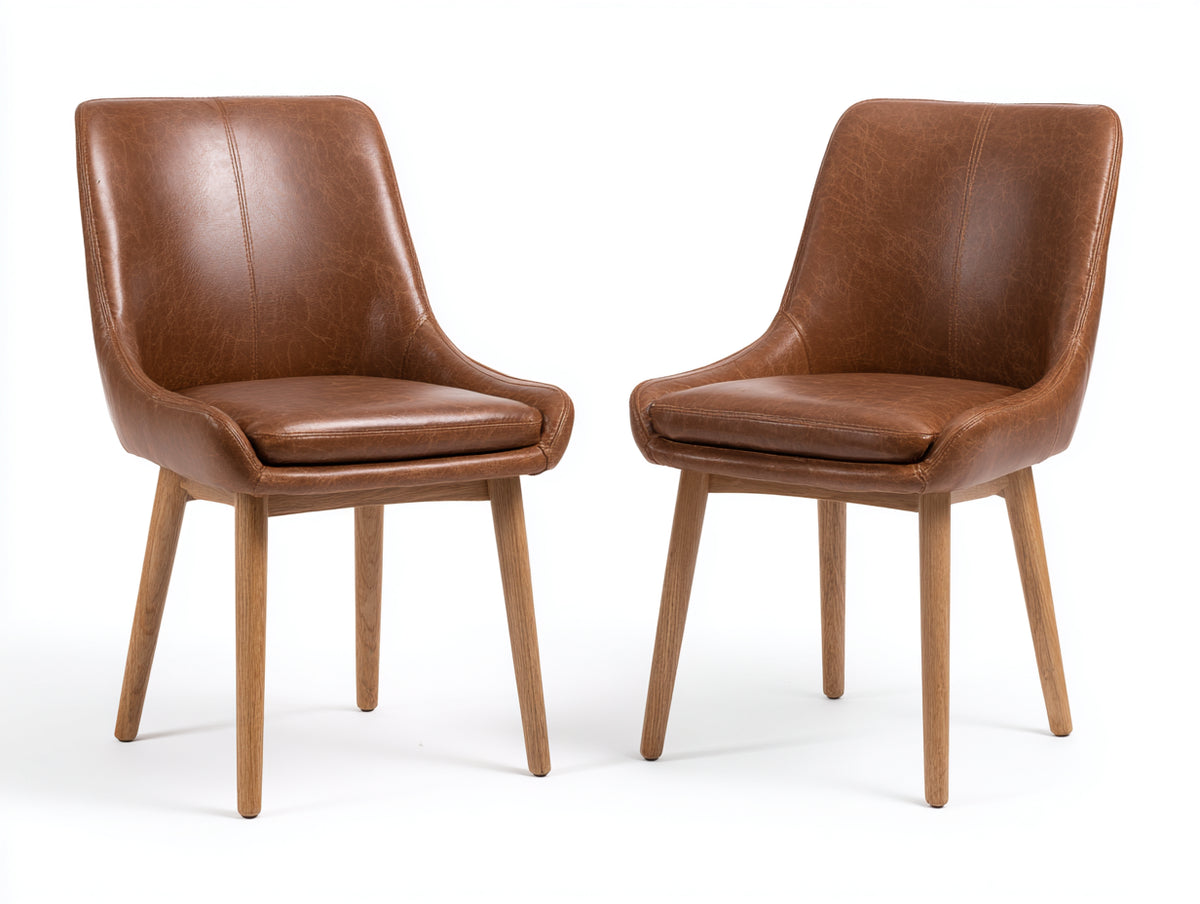 Chaise de salle à manger-Similicuir-Bois-56 x 52 x 84 cm-Marron-Bois naturel-Style moderne vintage