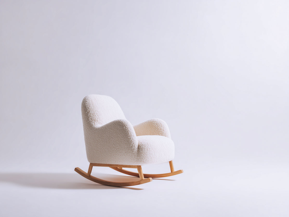 Fauteuil à bascule - tissu bouclé-bois - 85 x 73 x 89 cm - blanc cassé-bois naturel - style scandinave