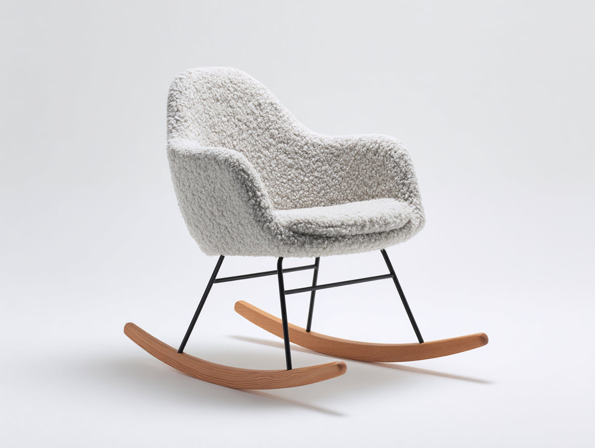 Fauteuil à bascule - tissu bouclé-métal-bois - 95 x 70 x 87 cm - beige-bois naturel-noir - style scandinave